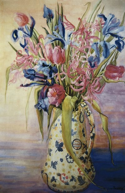 Iris, Tulips and Pink Spider Lilies in a Japanese Jug by Unbekannt Unbekannt